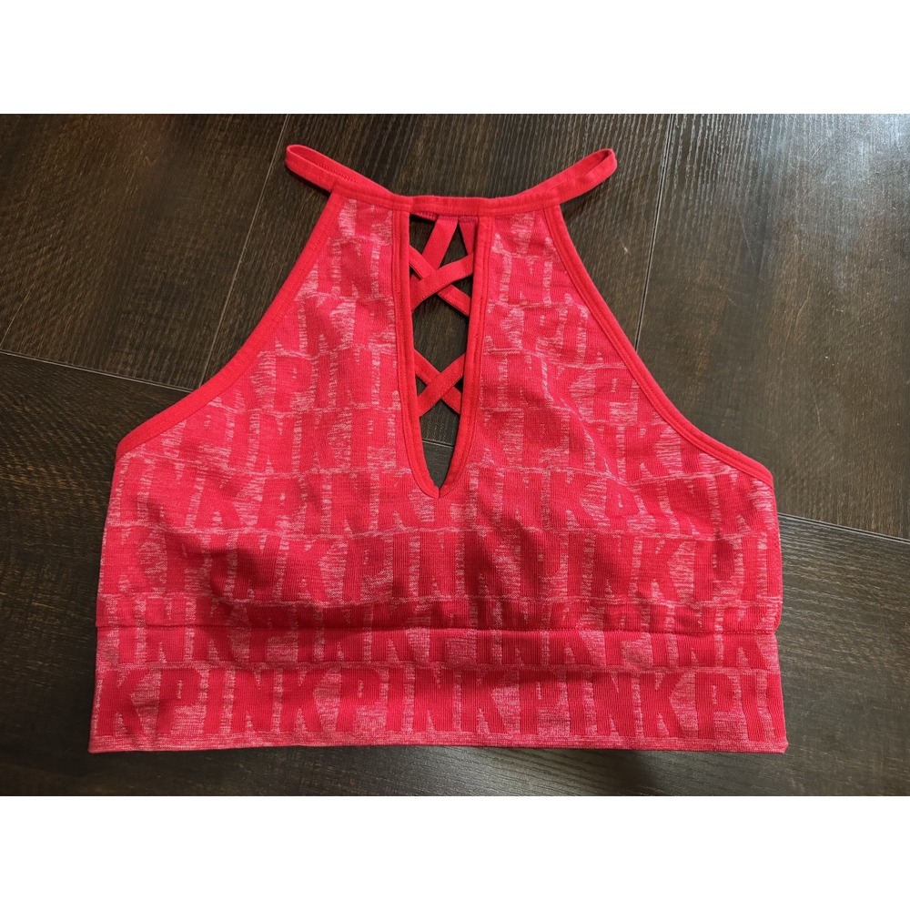 Victoria's Secret PINK Sports Bra Yoga Top Red Strappy Lace Up Medium #1133